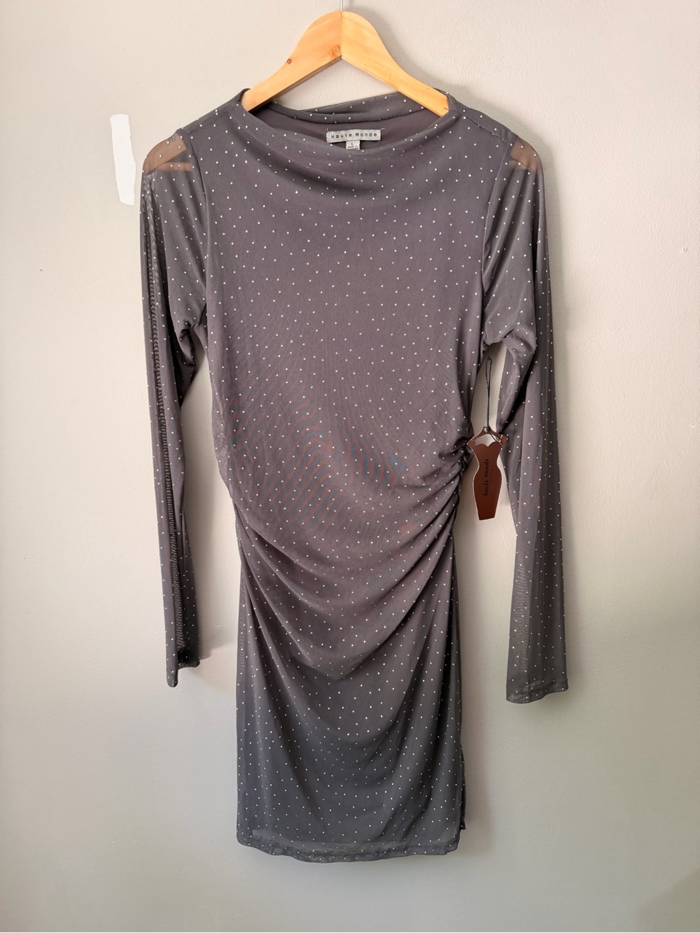 Gray Long-Sleeve Ruched Dress with Sparkle